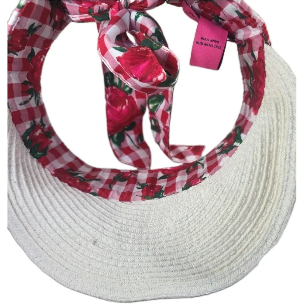 Betsey Johnson Gingham Rose Straw Sun Visor Hat Tie Back Bow Cottagecore Summer